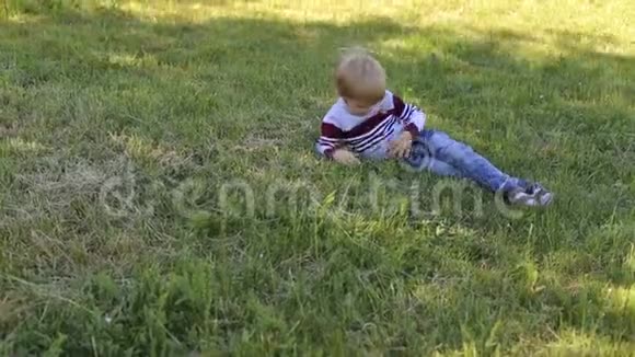 夏天小可爱的男孩躺在公园的绿草上视频的预览图