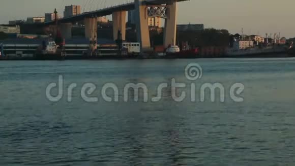 桥上美丽的全景日落天空背景下的桥柱视频的预览图
