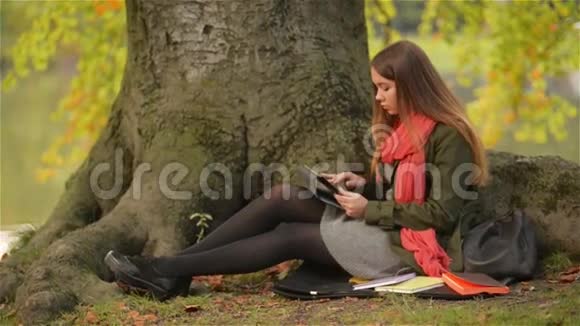 美丽的学生女孩使用平板电脑户外坐在湖边的树上视频的预览图