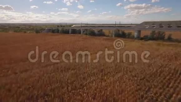 高速列车在耕地玉米地附近驶离大桥视频的预览图
