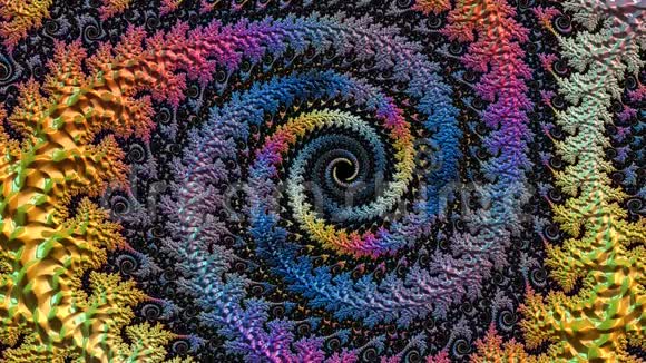 明亮的缓慢变色抽象螺旋纹理分形图案设计的幻想背景视频的预览图