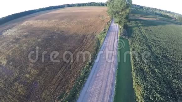 美丽夏日清晨的空中景色乡村道路和树木视频的预览图