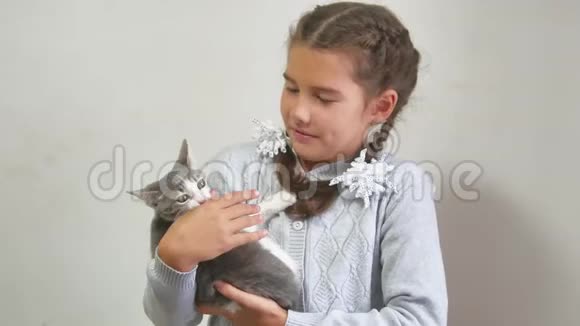 女孩和小猫小猫在玩咬人十几岁的女孩把小猫抱在她的手在室内少女与猫视频的预览图