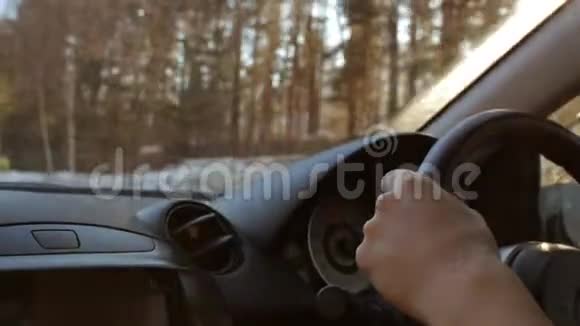 人在阳光下驾驶汽车穿过森林镜头耀斑视频的预览图