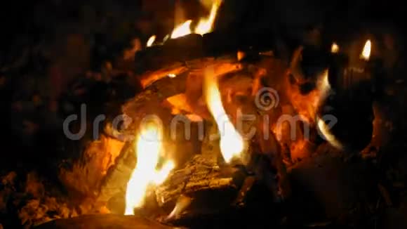 在黑夜里用木头燃烧着火焰视频的预览图