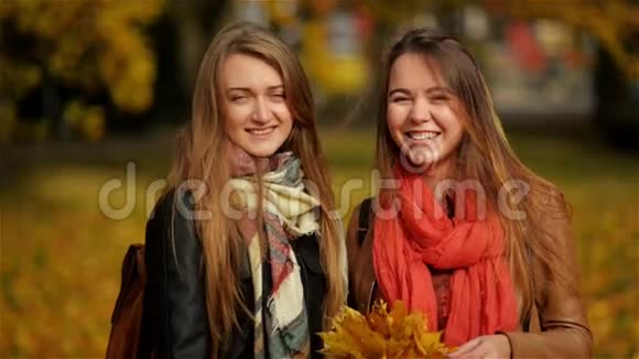 美丽的女孩手里拿着秋叶和秋天的黄枫园背景女朋友微笑着看着视频的预览图