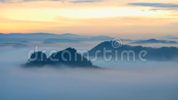 120fps延时春天雾蒙蒙的早晨森林景观四处看看雄伟的山峰划破了灯光的薄雾深谷视频的预览图