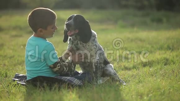 一个狗坐在草地上的男孩视频的预览图