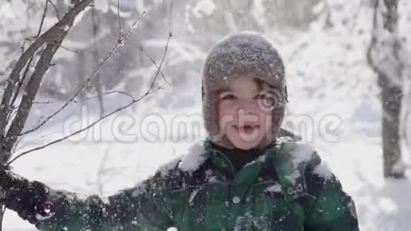 快乐迷人的孩子摇着一根白雪覆盖的树枝慢悠悠的动作视频的预览图