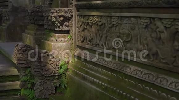 在一片用石雕覆盖的猴子森林里一座寺庙的墙壁和雕像被拍摄下来视频的预览图