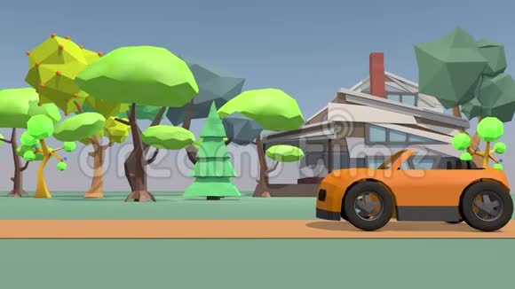 可爱的乡村景观多边形树和一所房子3D绘制视频的预览图