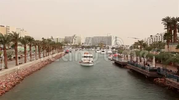 船帆穿过航道沿着棕榈树棕榈树沿着海滩视频的预览图