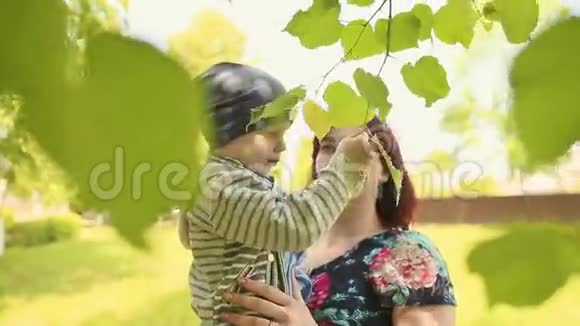 年轻的妈妈和宝宝在玩树叶视频的预览图