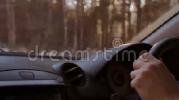 冬天在阳光下一个无名男子开车穿过森林和农村地区视频的预览图