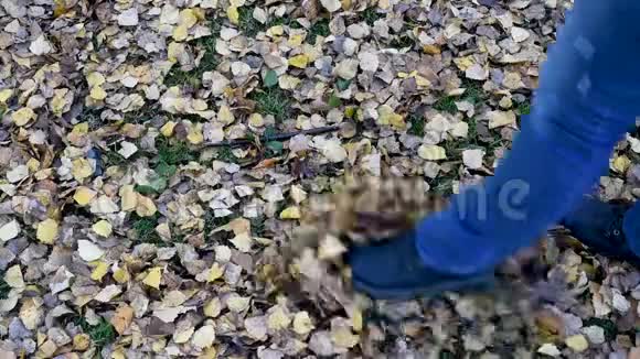 秋天公园的双脚穿着靴子在草地上奔跑视频的预览图