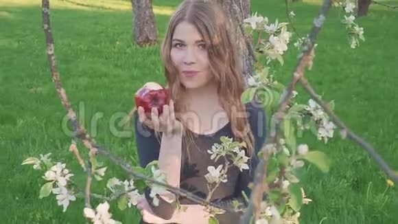 美丽的年轻女子手里拿着一个苹果背景是一个苹果园女人吃苹果花园视频的预览图