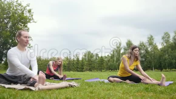 公园瑜伽训练青少年运动员在户外进行弹性锻炼视频的预览图