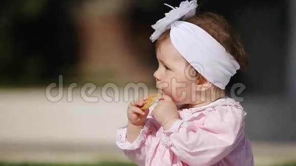 在阳光明媚的日子里在公园里吃烤面包的可爱的小女孩的特写镜头视频的预览图