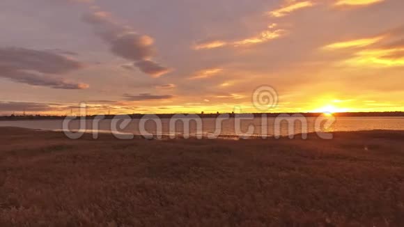 日落时芦苇田和河口的无人视野视频的预览图