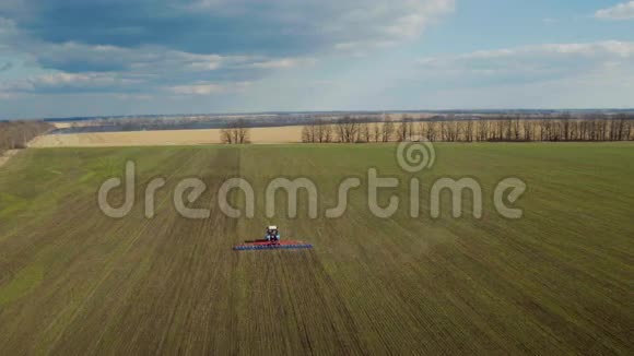 春日下的蓝天绿野拖拉机处理下面的土壤如画的空中视频视频的预览图