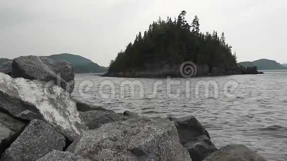 岩石在前面水有小波浪树木在风中移动视频的预览图