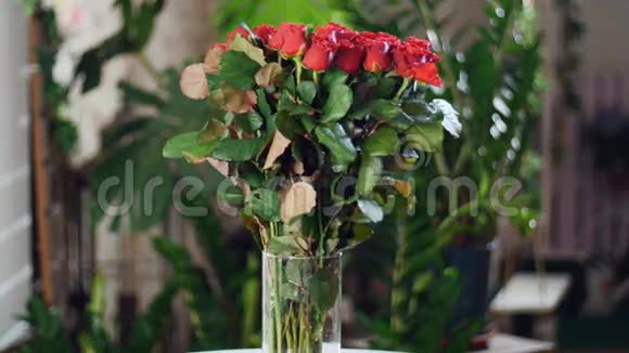 花束在光线的照射下旋转由红玫瑰构成背景资料视频的预览图