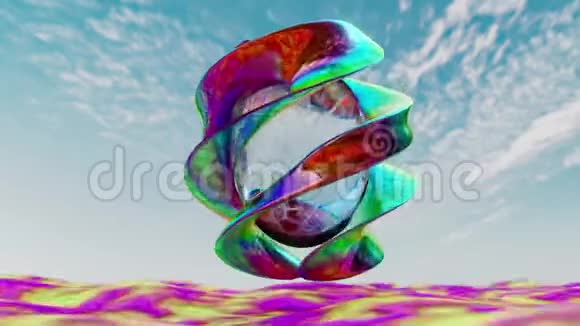 酷的抽象设计未来主义的玻璃鸡蛋和金属螺旋围绕它彩虹色3D绘制视频的预览图