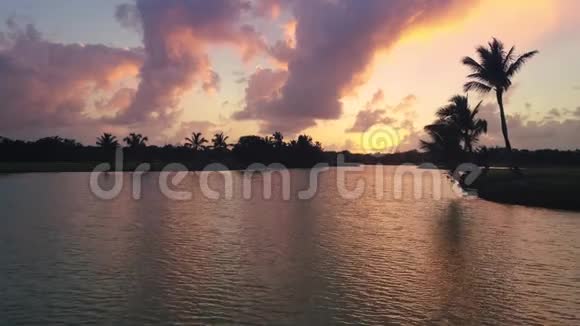 在豪华度假胜地蓬塔卡纳高尔夫球场的空中景观美丽的日出视频视频的预览图