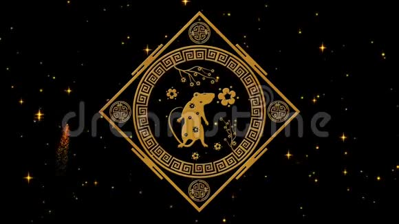 农历新年春节背景用金鼠烟花闪闪的星星中国新年黑星视频的预览图