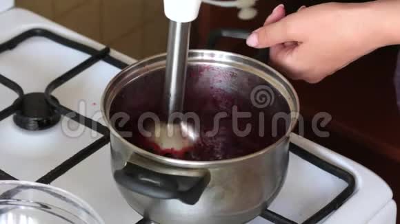 一个女人用搅拌器把糖和冷冻的蔓越莓倒在平底锅里为棉花糖准备土豆泥视频的预览图