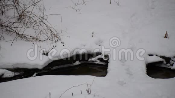 冬天的小河堤和一座横跨它的木桥视频的预览图