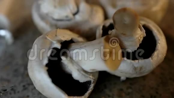 白色蘑菇在近距离一张桌子上有四个冠军拿着一个移动的相机视频的预览图