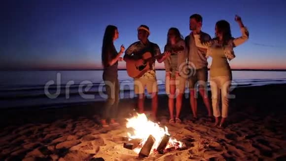 年轻人在篝火旁玩得很开心视频的预览图