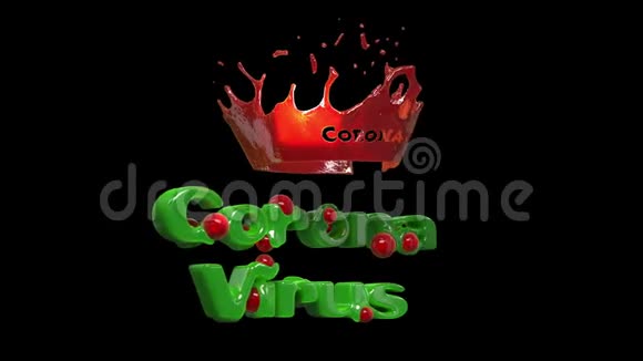 冠状病毒刻字由绿色肉与红色滴血和皇冠制成三维渲染无缝循环动画4K高视频的预览图