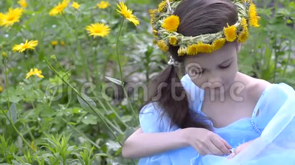 穿着蒲公英花圈的小女孩坐在草地上视频的预览图