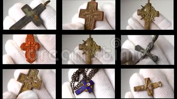 考古发现戴着白手套的基督教胸十字特写视频的预览图