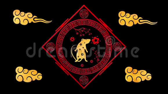 黑色中国新年背景与黄金老鼠3D渲染循环4k神奇的新年快乐动画视频的预览图