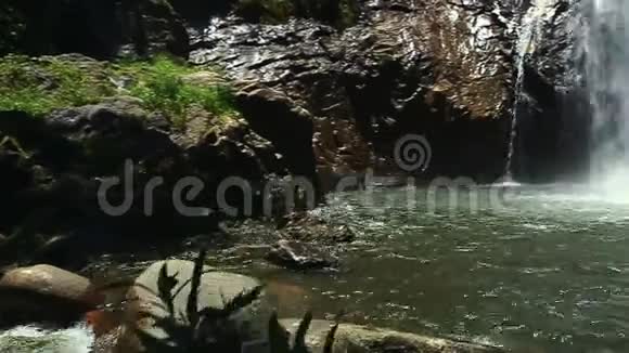 山河瀑布通过植物形成绿色斜坡视频的预览图
