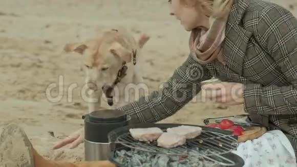 穿着外套的年轻女子坐在河边海边的海滩上野餐在烤架上煮蔬菜和肉视频的预览图