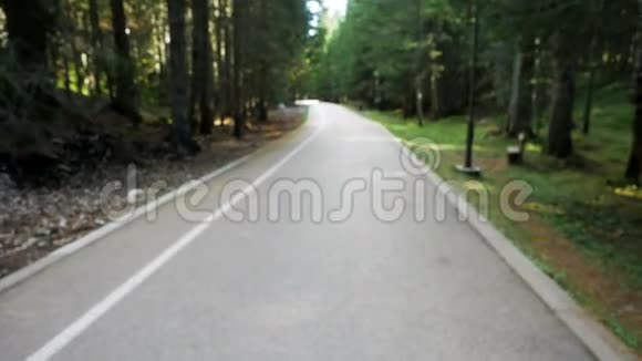 在黑山的春天里压路机在柏油路上穿过森林视频的预览图