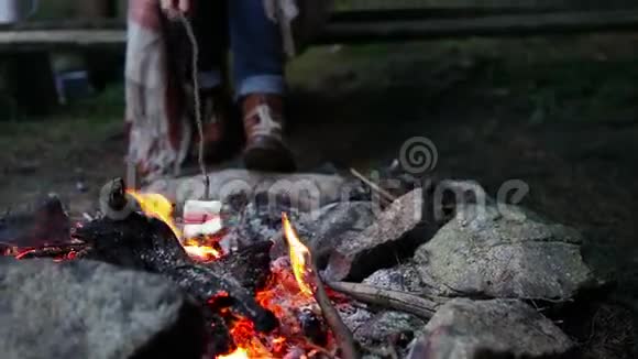 一个女人在森林里的炉火上烤棉花糖视频的预览图