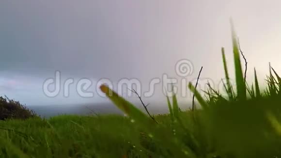 雨天从山上看到的海景绿绿的植被雨多云的天空视频的预览图