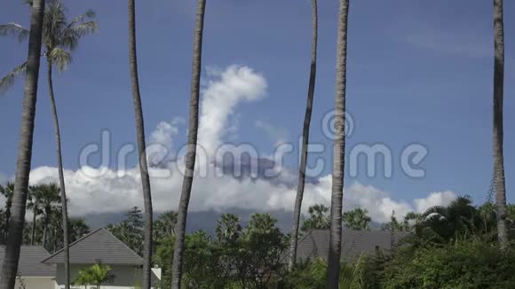 在印度尼西亚巴厘岛度假胜地的热带云背景下观赏棕榈树和山脉的全景视频的预览图