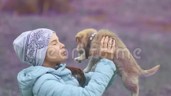 狗狗宠物和小女孩的特写照片快乐的女孩在森林里微笑着欢快的户外打扮视频的预览图