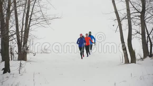 冬季森林中技术跑步的年轻运动员小组视频的预览图