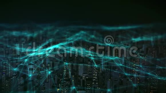 相连的智慧城市天际线数字城市鸟瞰与运动图形在4K动画连接神经网络视频的预览图