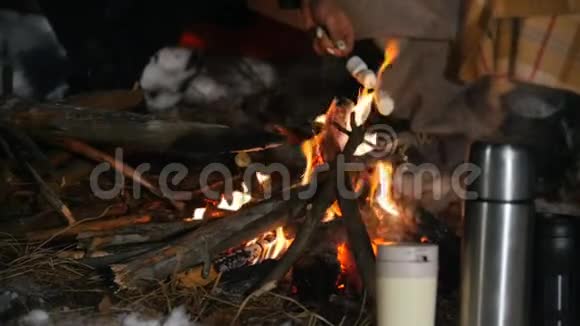 一群朋友在树林里玩得很开心冬天森林里的篝火晚上油炸棉花糖视频的预览图