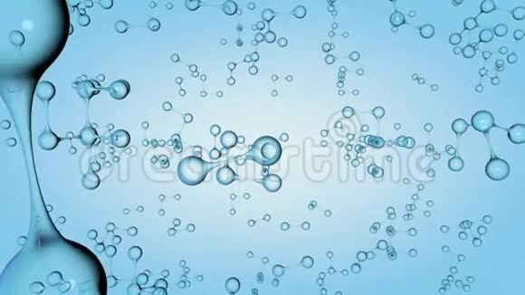 相机通过一组由透明球体形成的分子在蓝色背景上缓慢旋转3D动画视频的预览图