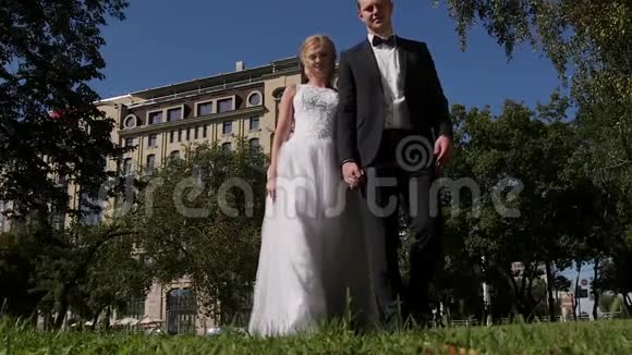 新娘和新郎正在公园里散步期待着婚礼的举行抓住手视频的预览图