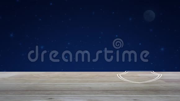 在梦幻夜空和月亮上的木制桌子上有盾牌平面图标的飞机商业旅行保险和安全概念视频的预览图
